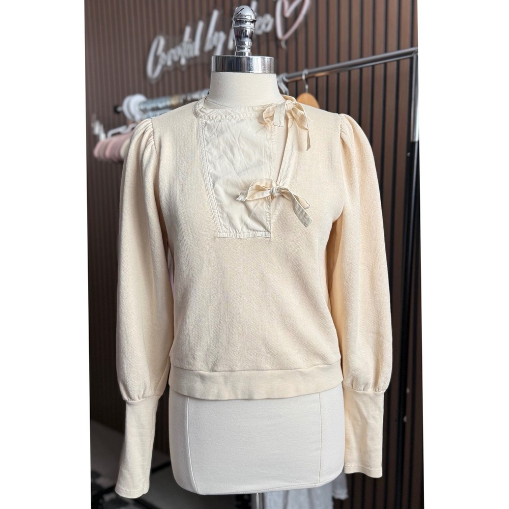 Ulla Johnson Alba Pullover Women Medium Creme Puff Sleeve Bow Bib Sweatshirt